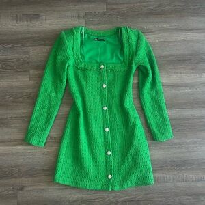 Green Zara Tweed Embellished Long Sleeve Mini Dress